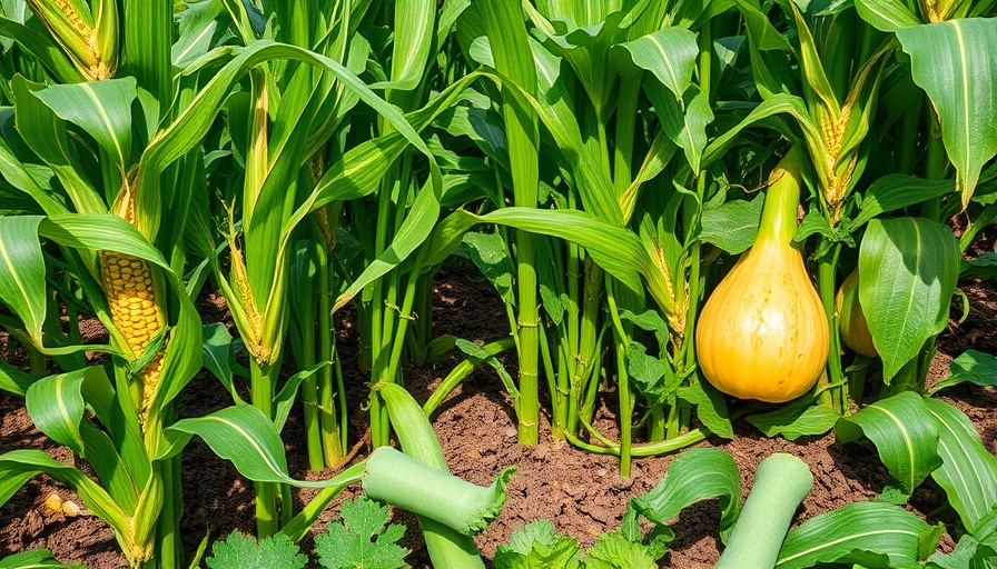 Three Sisters Planting method with corn, beans, and squash growing together.