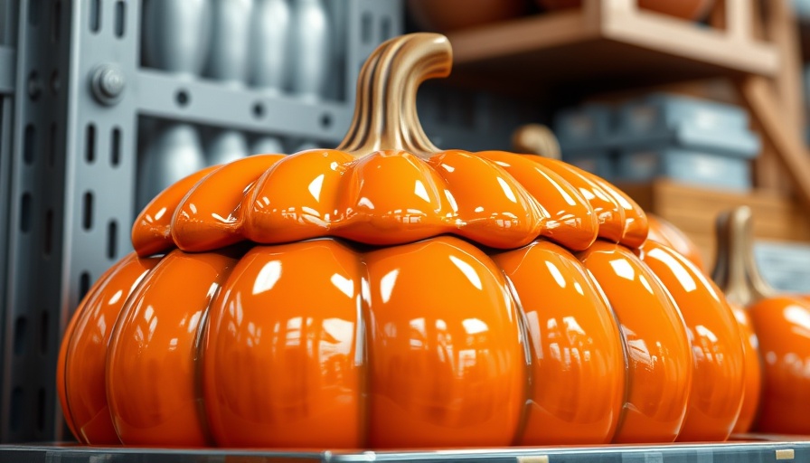 Glossy ceramic pumpkin tableware on store shelf, vibrant orange.