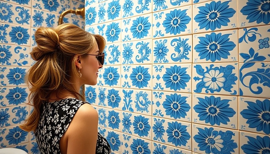 Woman admiring blue tile stickers in decorative bathroom.