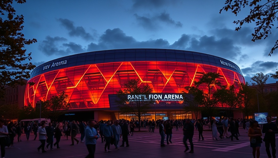 Modern Cardiff arena by McLaren at twilight with a gathering crowd.