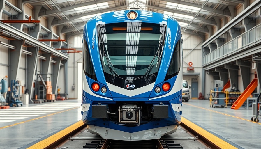 Modern DLR train stationed inside depot, blue and white exterior.