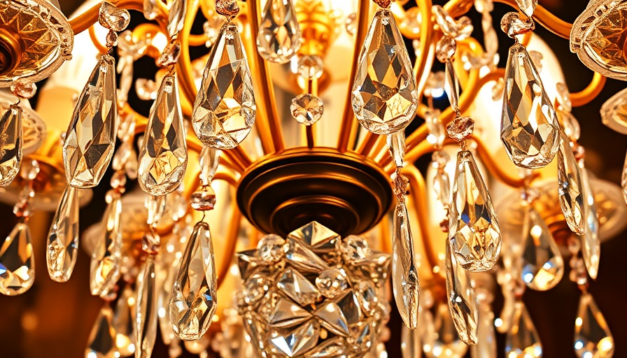 Close-up of an intricate crystal chandelier with sparkling lights.