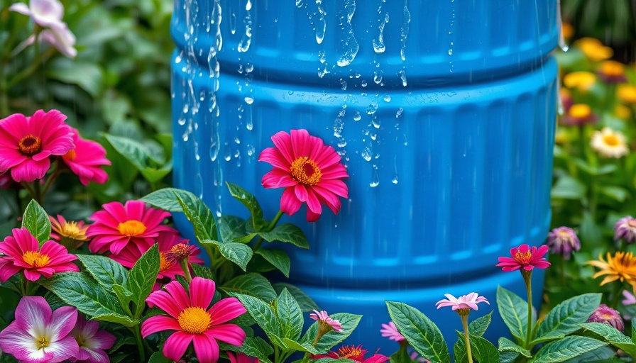 Rain barrel overflowing among bright garden flowers, avoid rainwater for sensitive plants.