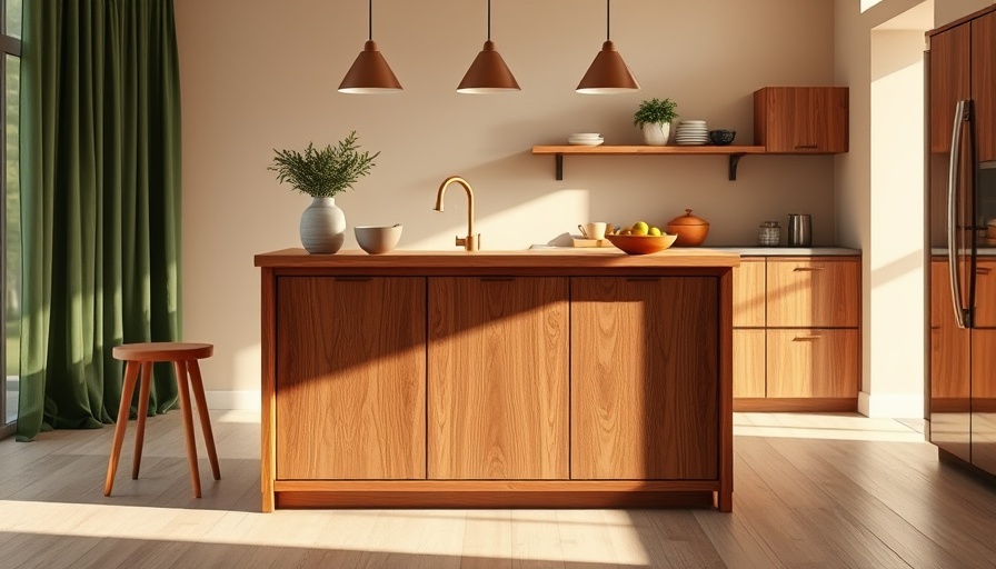Modern freestanding kitchen island with warm decor