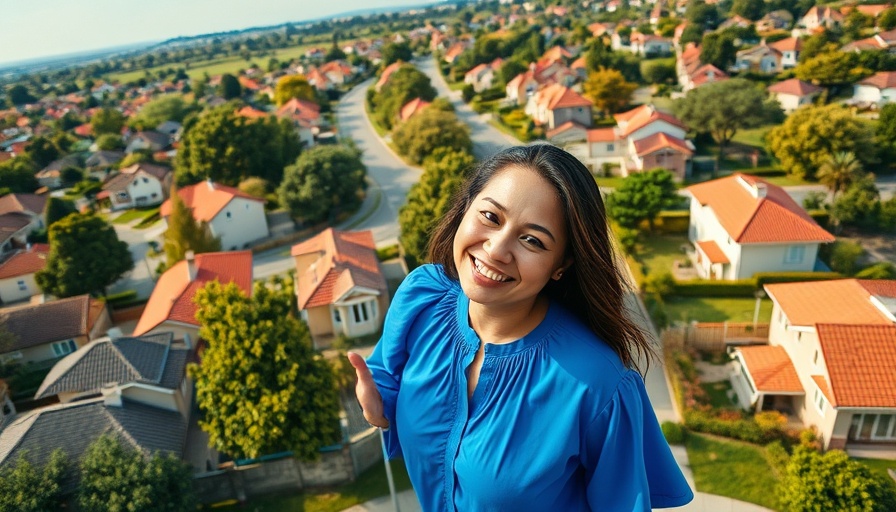 Smiling woman pointing upwards over aerial suburban view for 2025 Investing Update.