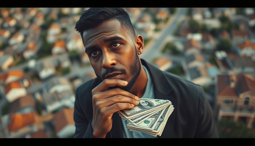 Man contemplating cash flow vs appreciation markets, money stacks crossed.