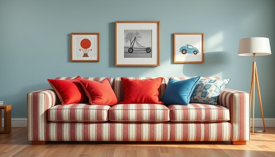 Striped sofa with cushions in a modern living room design.
