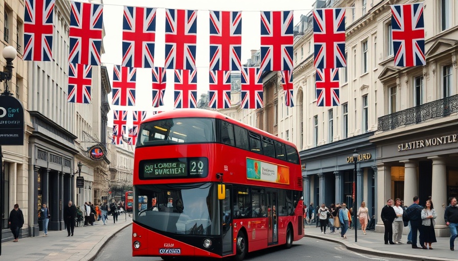 Oxford Street with double-decker bus and Union Jack flags, emphasizing pedestrianisation announcement.