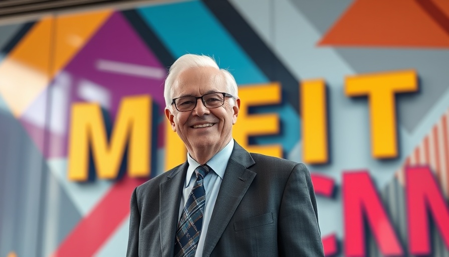Distinguished man smiling in front of vibrant artistic background, photorealistic.