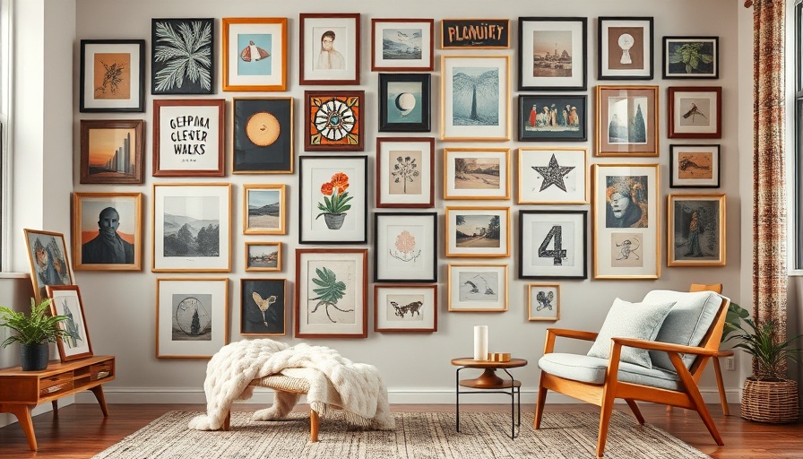 Eclectic wall art gallery in a cozy living room, showcasing frame hanging techniques.