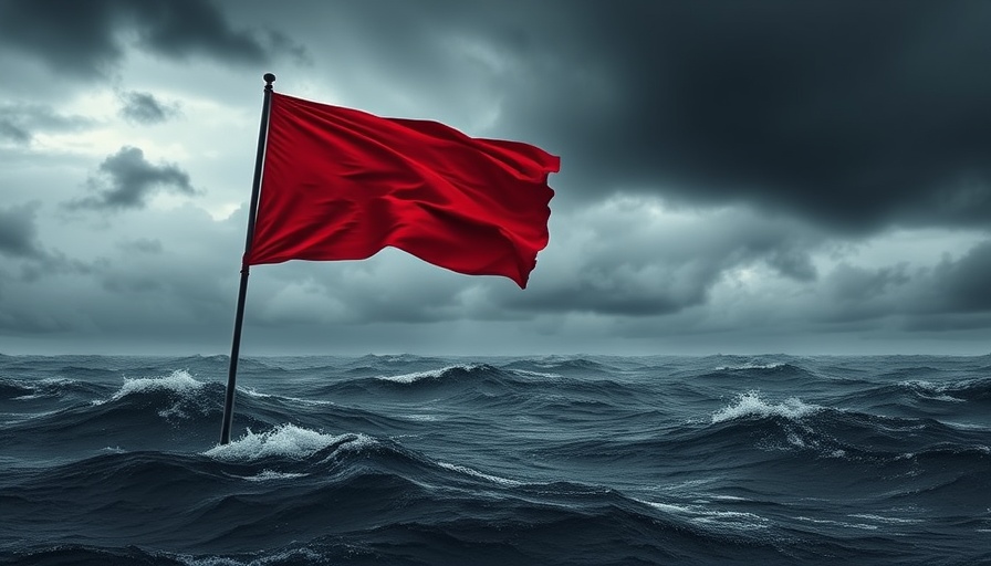 Stormy clouds with red flag over ocean in drone cloud-seeding plan context.