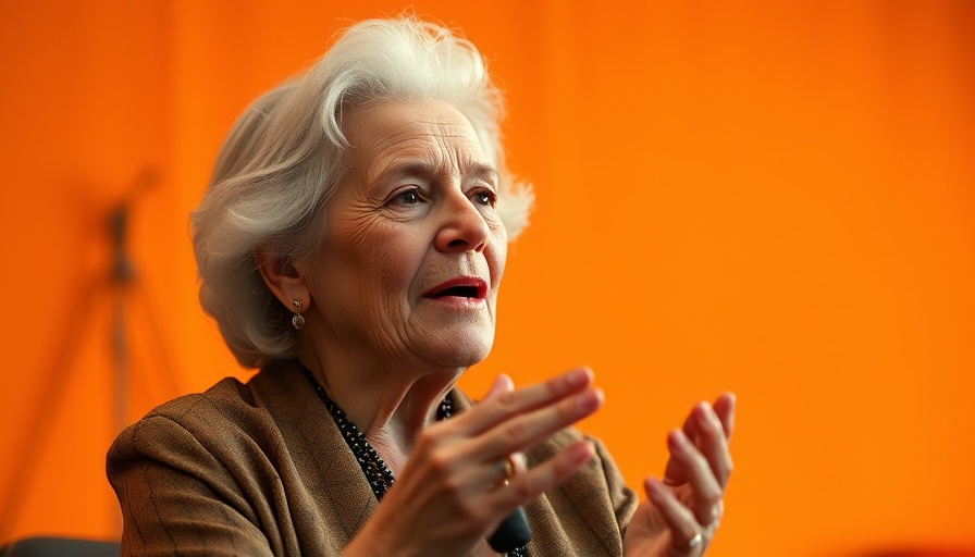 Elderly woman speaking at forum, embodying Jane Goodall's conservation legacy.