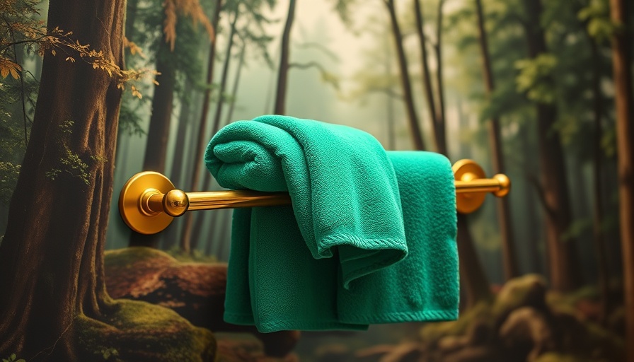 Towels on a golden rack with forest wallpaper backdrop.