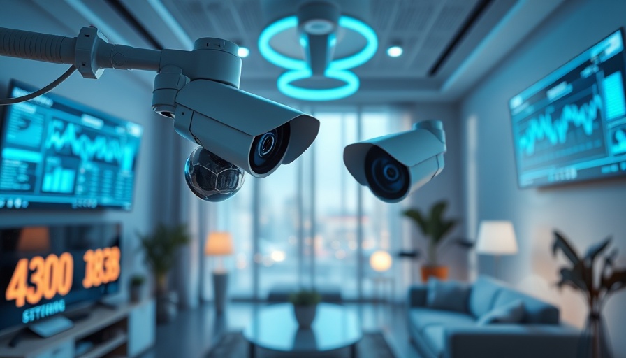 Futuristic security camera and digital data in smart connected homes.