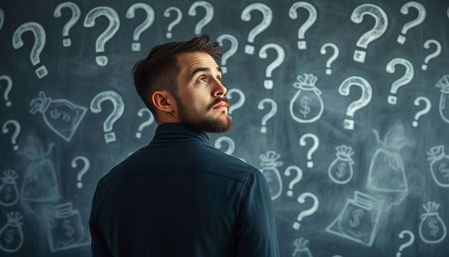 Curious man pondering financial options on a chalkboard.