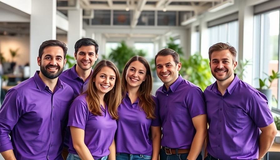 Team of professionals in purple shirts at an AI-native veterinary platform office.