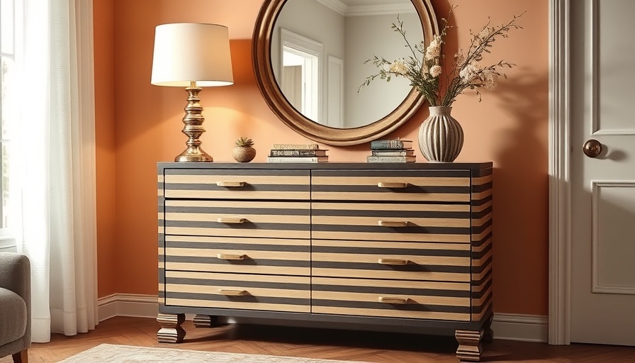 Elegant striped chest of drawers with decor in cozy home setting.