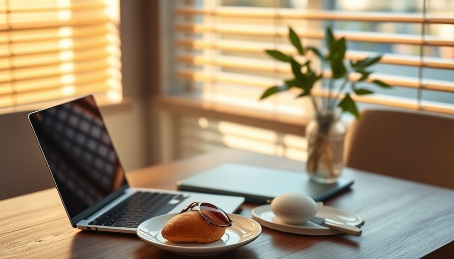 AI-Built Apps Earnings workspace with laptop and pastry, sunlit room.