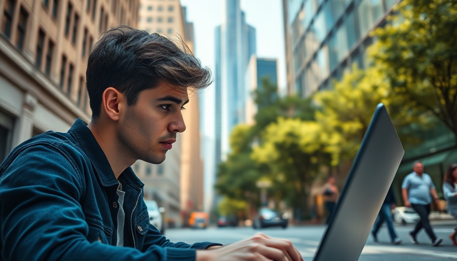Focused man working on laptop in urban area, trademark bidding.