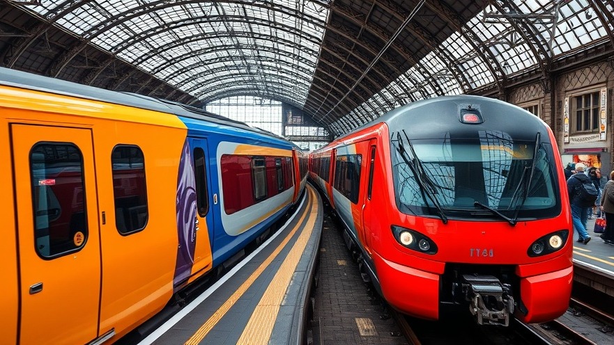 Vibrant trains at a London station illustrate public transport for commuters amidst fare increase discussions by transport unions.