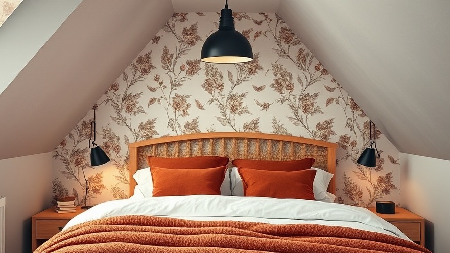Cosy dormer ceiling decor with floral wallpaper and stylish lighting, ideal small space solutions.