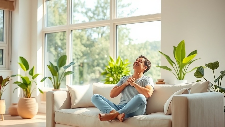 Serene living room promoting indoor air quality with natural light and plants.