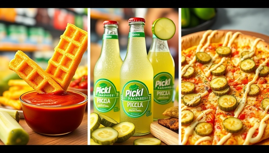 A collage of pickle-themed foods and drinks including pickle pizza, pickle soda.
