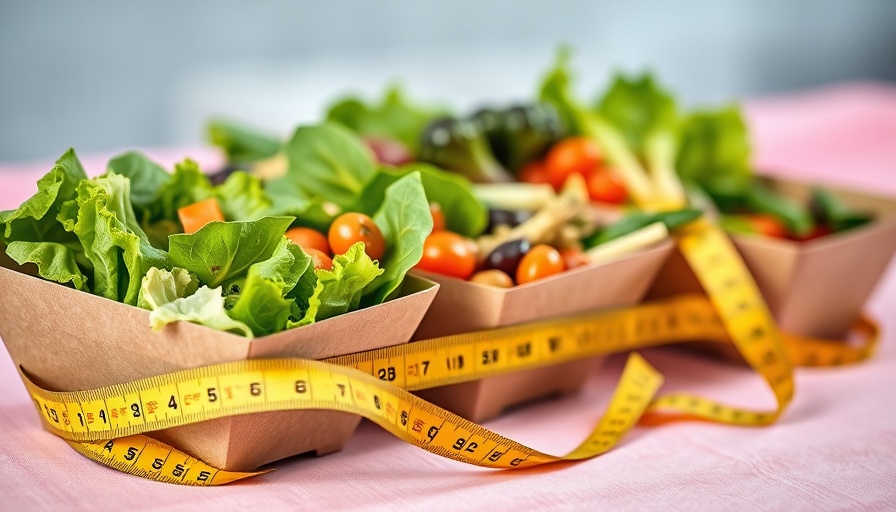 Healthy salads in takeout boxes with measuring tape, Overweight and Obesity in America focus