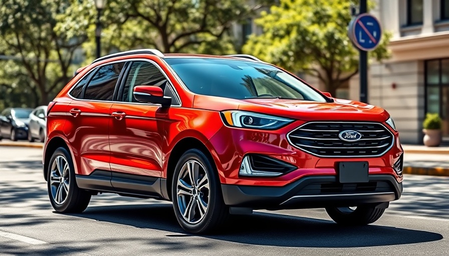 Red Ford SUV in urban setting, showcasing modern design.