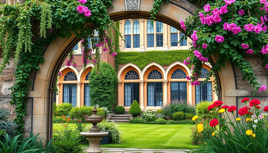 Ornate stone archway in lush garden at IU campus.