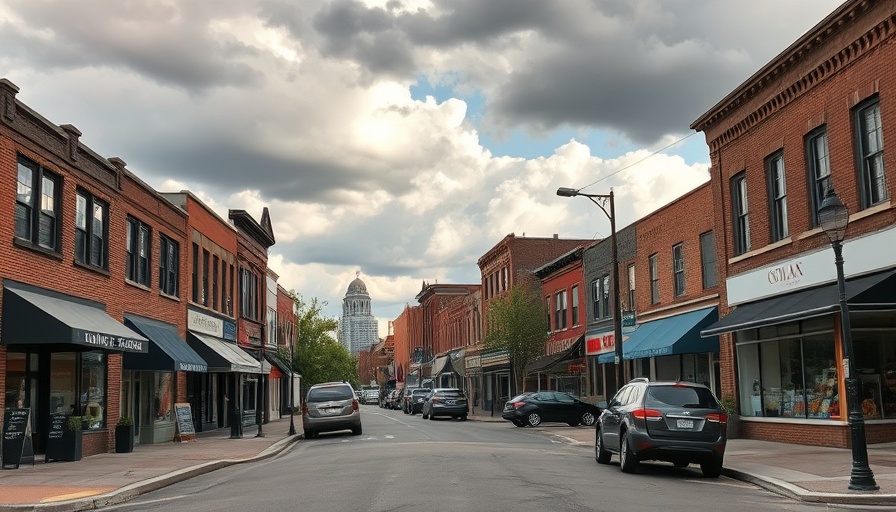 Bargersville mixed-use development with shops and cars on a quiet street.