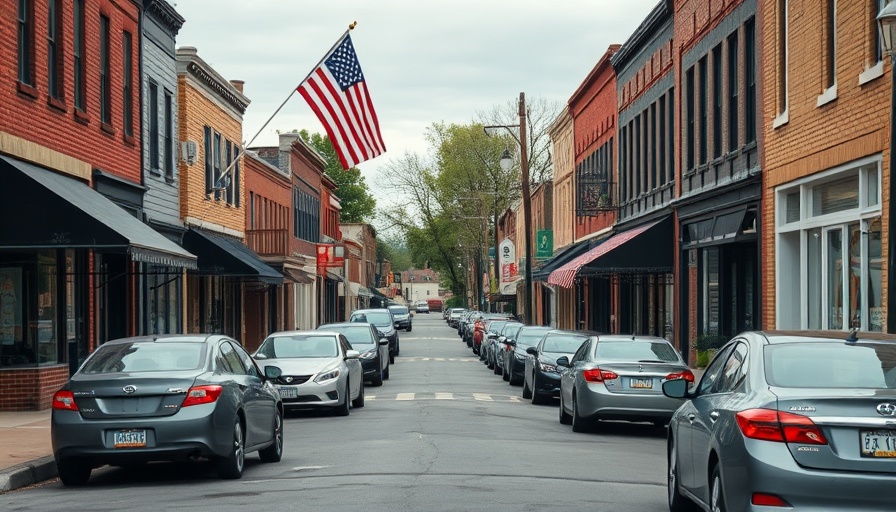 Quaint street in Bargersville mixed-use project scene with parked cars.