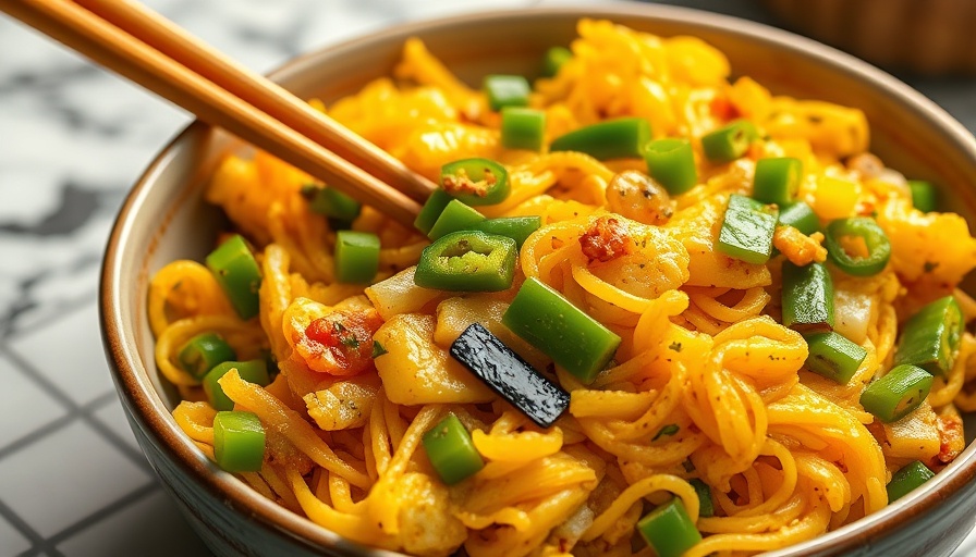 Delicious egg stir-fry in a bowl with peppers and onions.