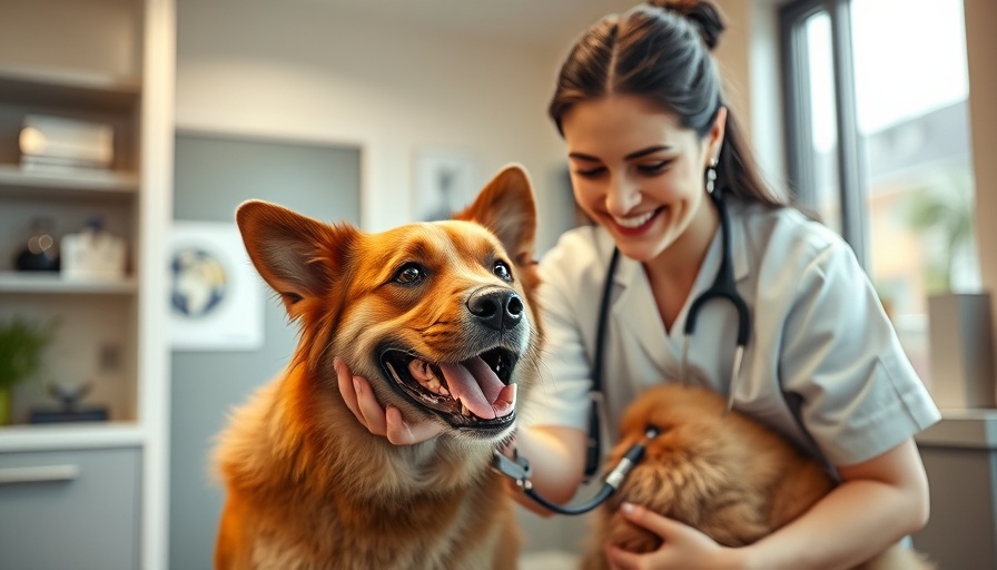 World Veterinary Day: Veterinarian caring for a happy dog in clinic.