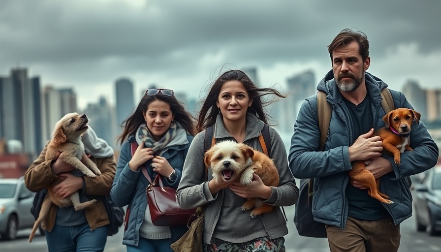 Family evacuating with pets during a storm.