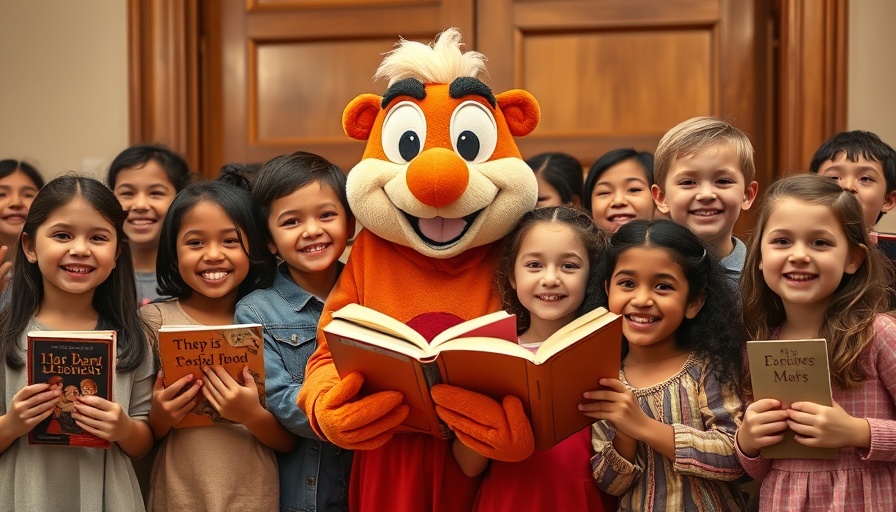 Children with costumed character holding books at indoor event, Hancock County.