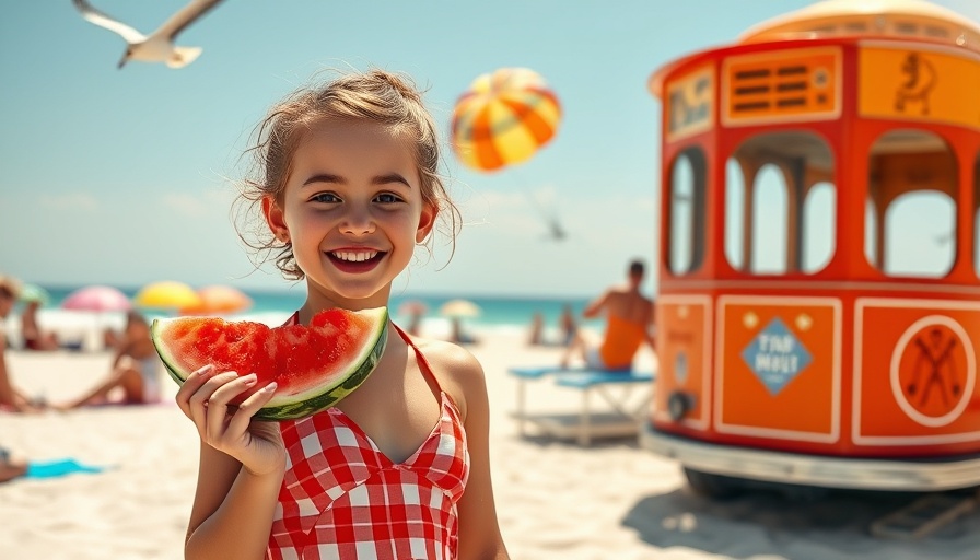 Family vacation Siesta Key Florida beach scene with girl eating watermelon.