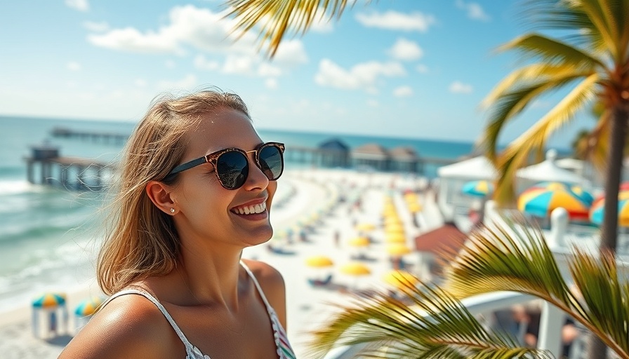 Woman enjoying Clearwater Beach view, iconic pier in background.