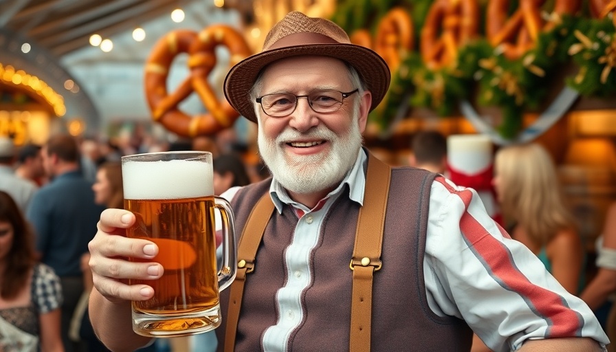 Festive scene at Oktoberfest with a joyful man and lively background
