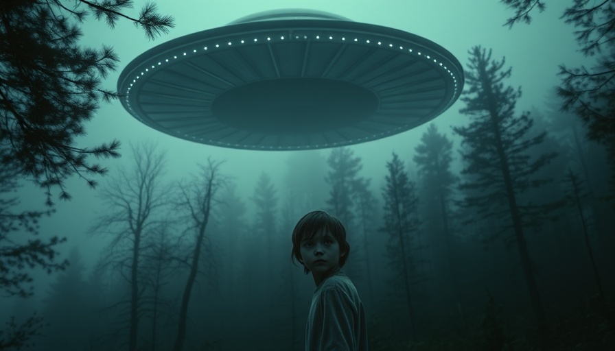 Mysterious places to travel with eerie child and UFO in eerie forest.