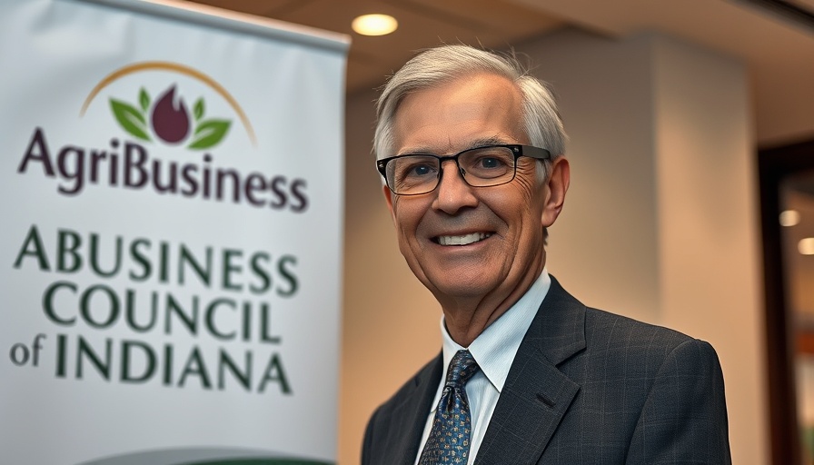Agribusiness Council of Indiana CEO standing by a company banner.