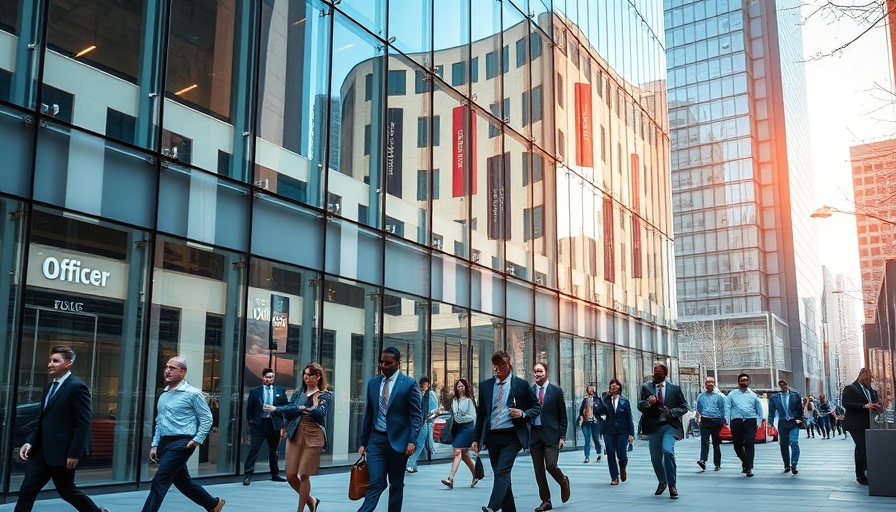 Modern office building with people walking in business attire.