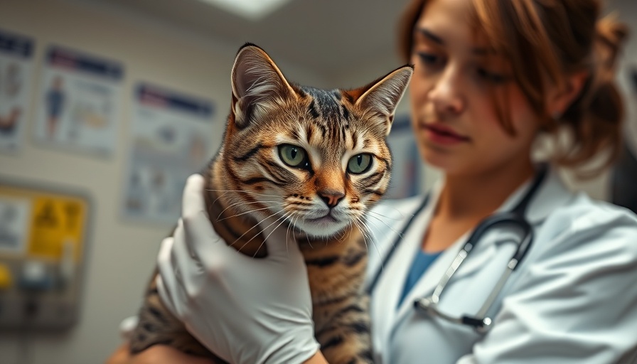 Veterinarian examining a tabby cat for H5N1 symptoms.