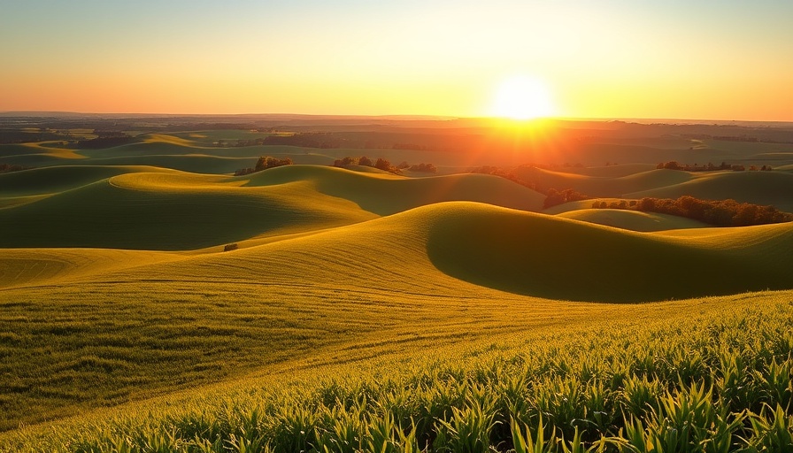 Indiana statewide landscape with sunset over rolling fields.