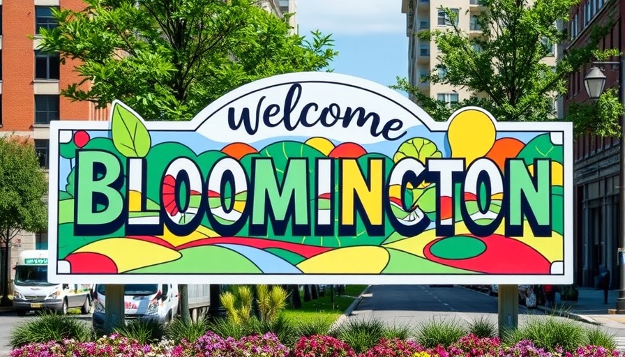 Bloomington community identity sign with colorful artwork.