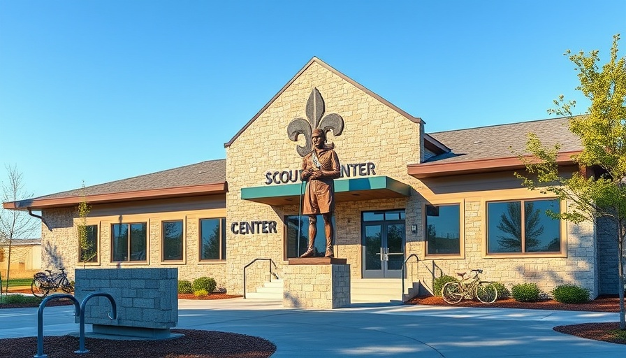 Modern scout center building highlighting Indiana youth programs.
