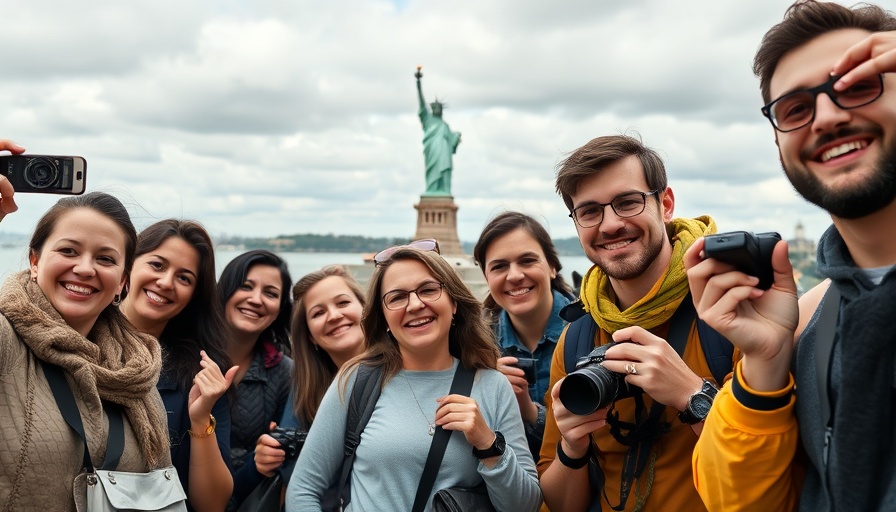 Tourists capturing photos of the Statue of Liberty, highlighting foreign travel spending decline in the US.