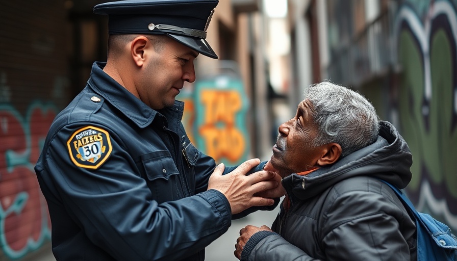 Terre Haute Police officer engaging compassionately with a homeless individual on the street.