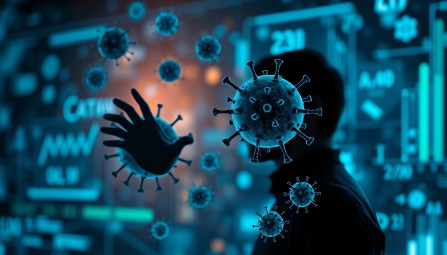 Futuristic avian flu concept with human silhouette and virus icons.