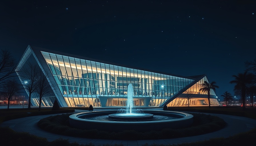 Lake County Convention Center illuminated at night with starry sky.